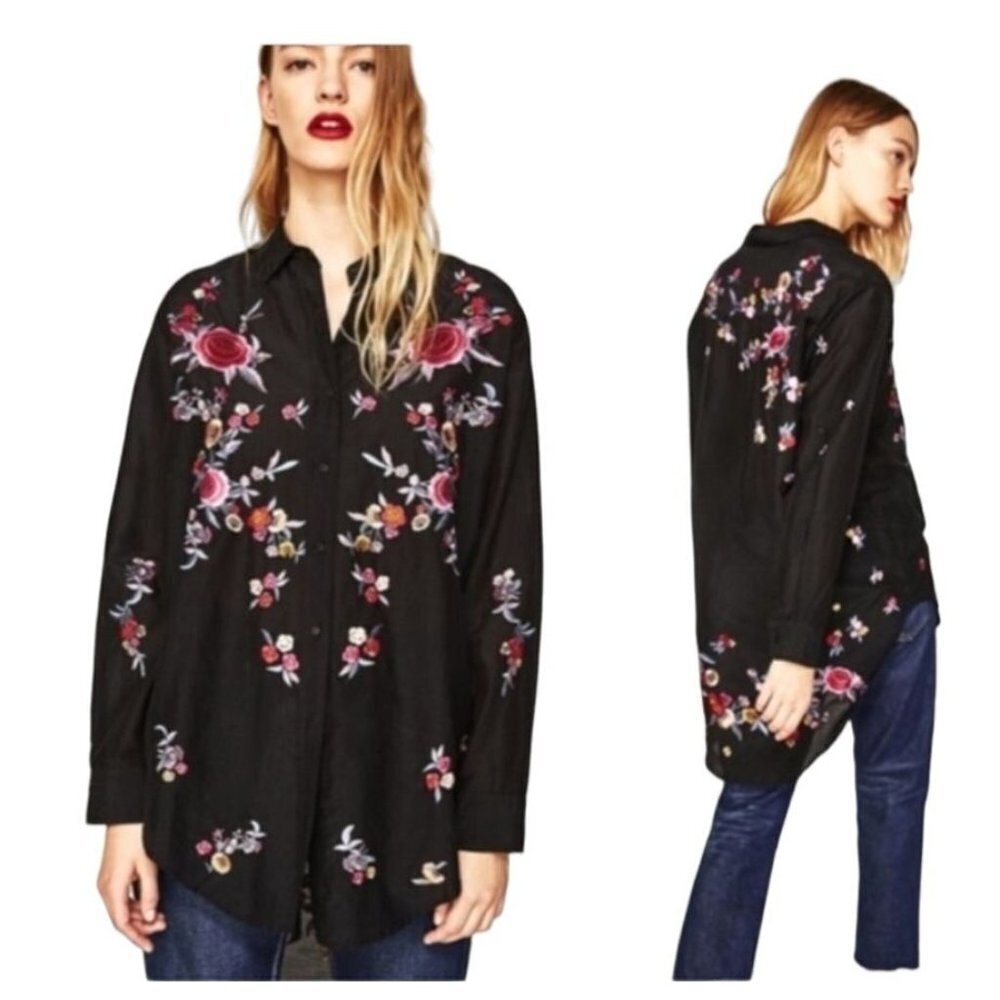 Zara Woman Long Sleeve Silk Blend Embroidered Black Floral‎ Button Tunic Top